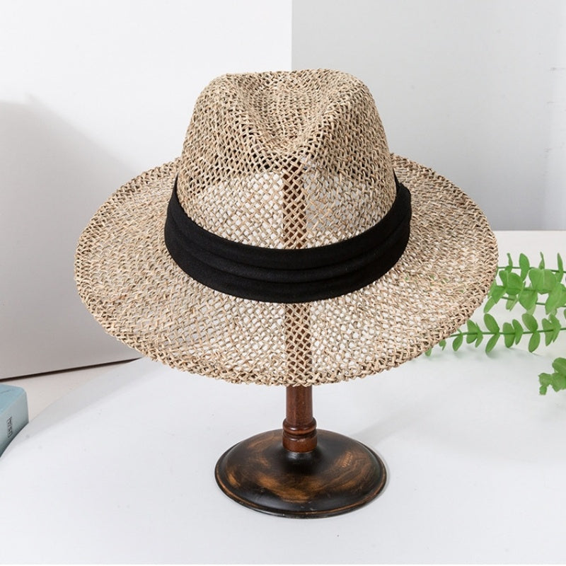 Straw Hollowed-out Hat Sun Hat with Black Decorative Band