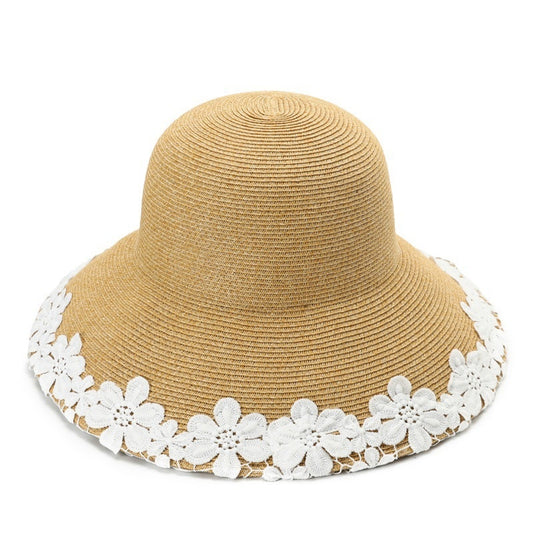 Straw Hat with Floral Lace Embroidery