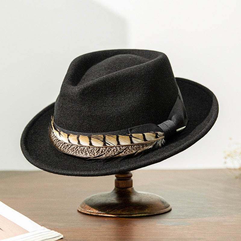Wide Brim Rolled Edge Top Hat with Feather and Bow Decoration