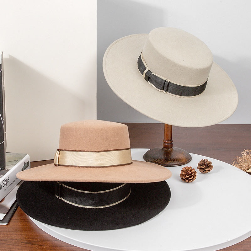 French Style Felt Wide Brim Top Hat With Bow Webbing