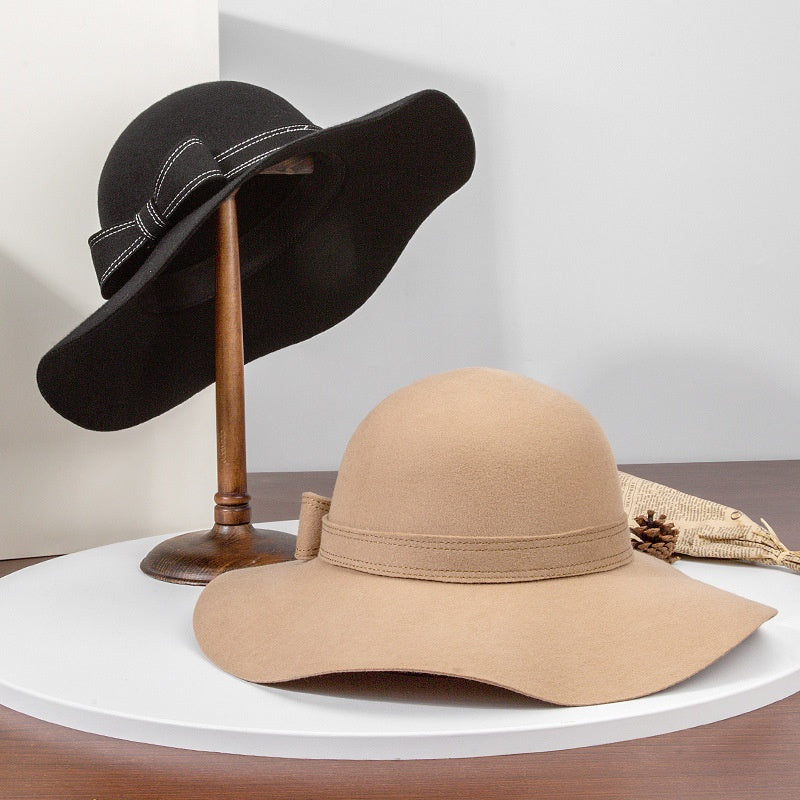 Felt Wide Brim Top Hat with Bow Webbing Decoration