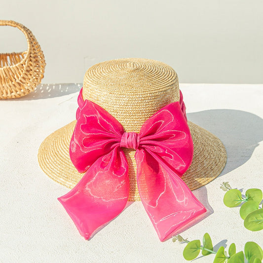 Straw Sun Hat with Pink Big Bow
