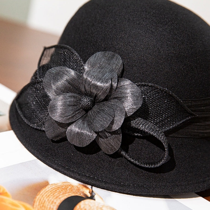 Felt Rolled Edge Top Hat with Camellia Decoration