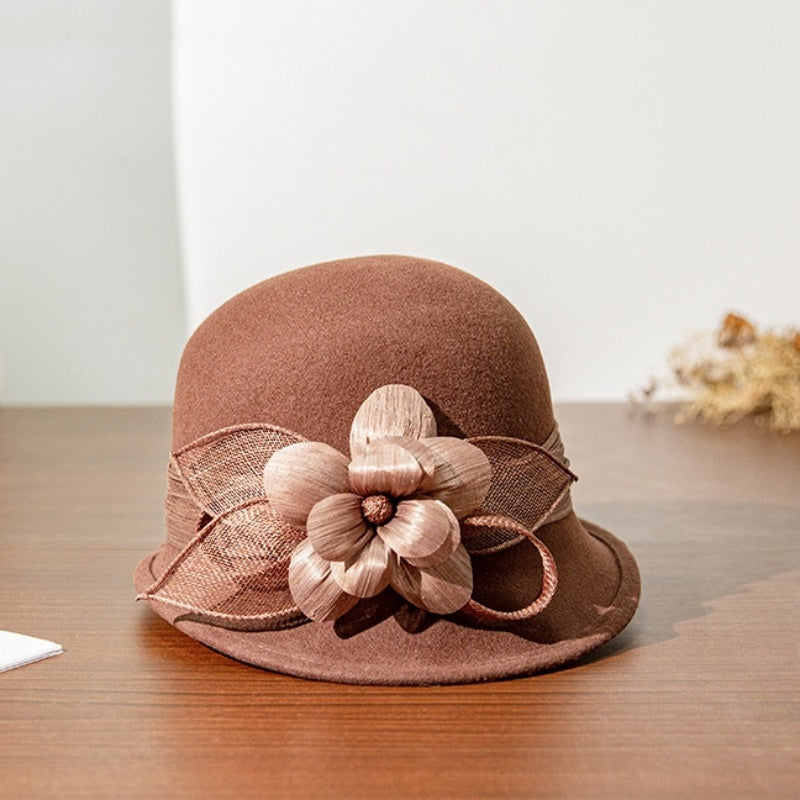 Felt Rolled Edge Top Hat with Camellia Decoration