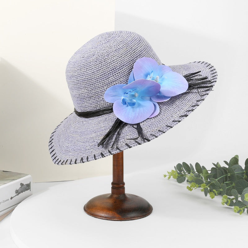 Sun Straw Hat with Phalaenopsis Decoration