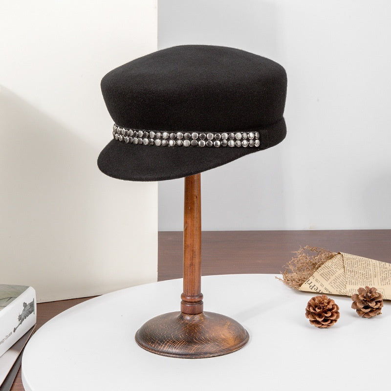 Felt Equestrian Newsboy Hat With Double-Row Copper Sheet Decoration