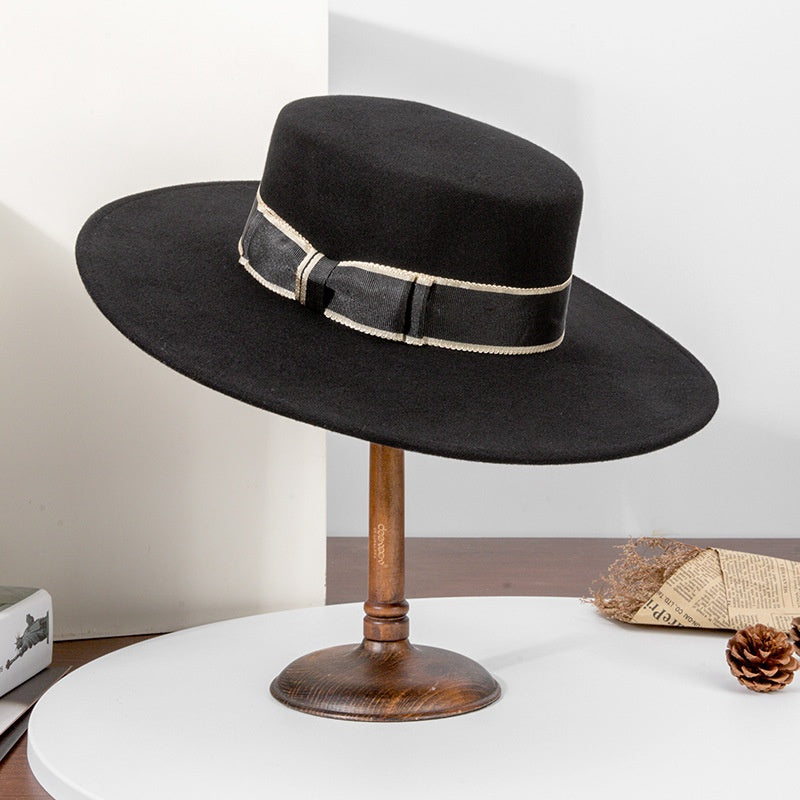 French Style Felt Wide Brim Top Hat With Bow Webbing