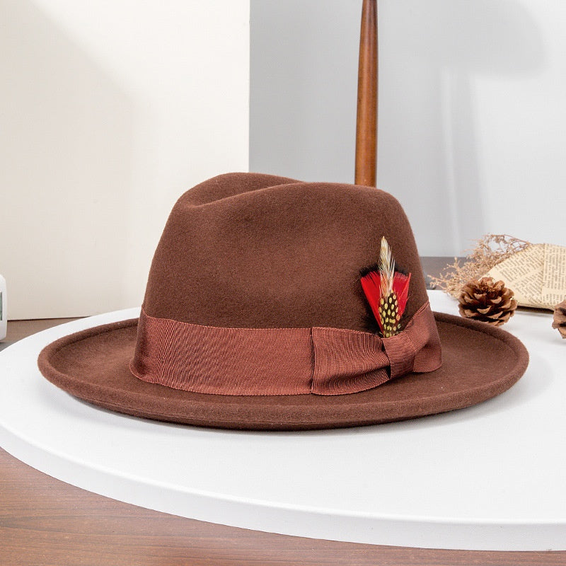 Rolled Edge Felt Top Hat with Feathers and Bow Webbing