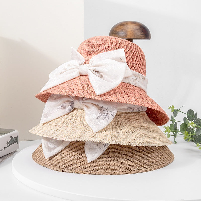 Sun Hat Straw Hat with Printed Bow