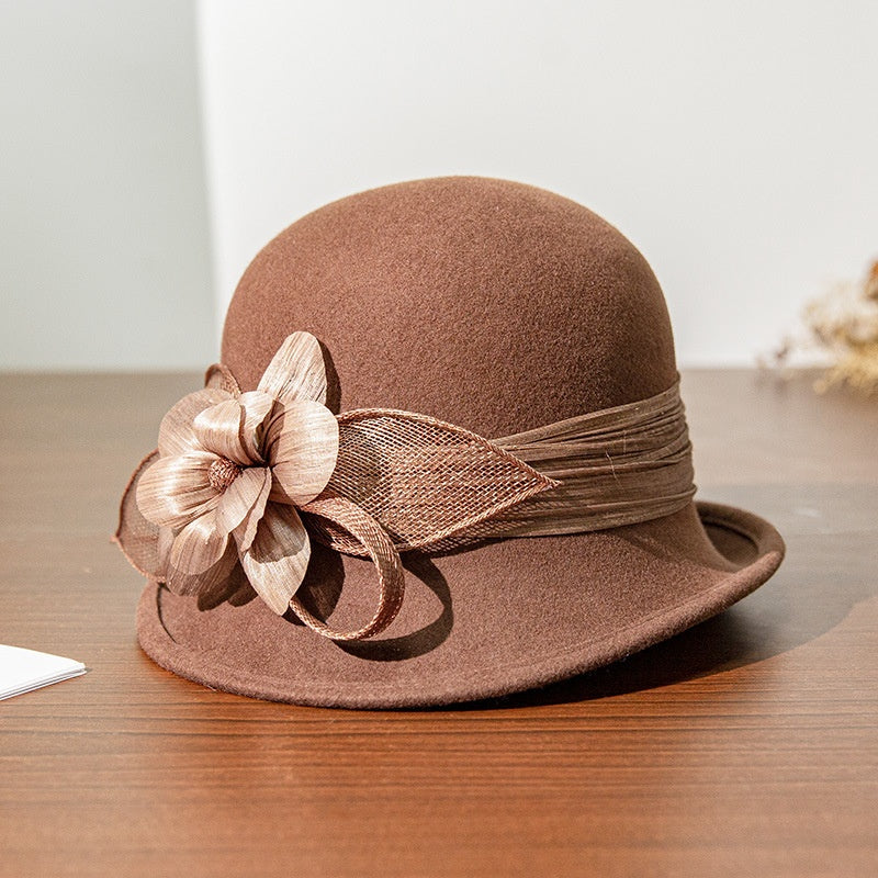 Felt Rolled Edge Top Hat with Camellia Decoration