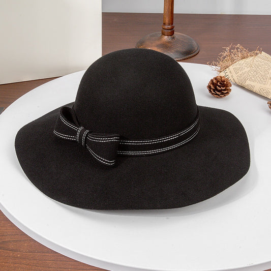 Felt Wide Brim Top Hat with Bow Webbing Decoration