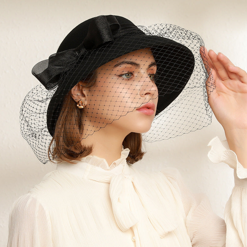 Felt Wide Brim Top Hat with Bow and Veil