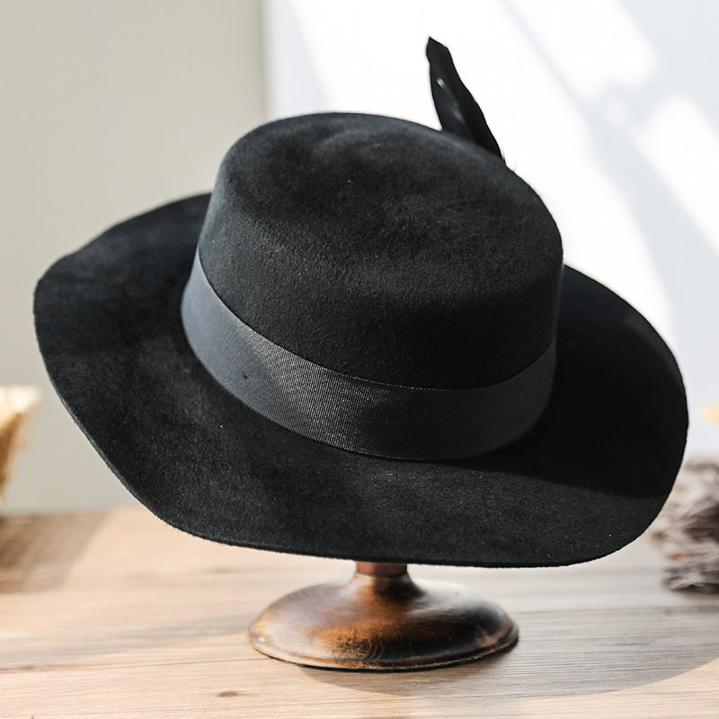 Felt Flat Roof Wide Brim Top Hat with Bow Webbing and Feather