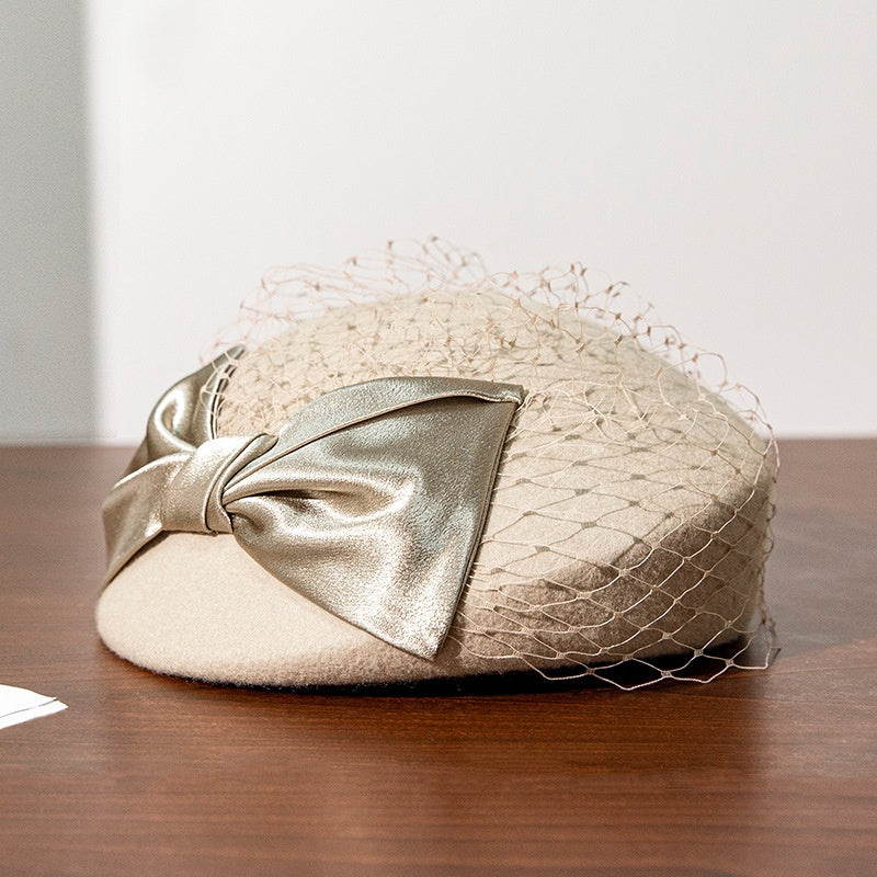 Felt Beret Pillbox Hat with Bow and Lace