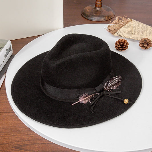 Felt Wide Brim Cowboy Hat with Bow Webbing and Feather
