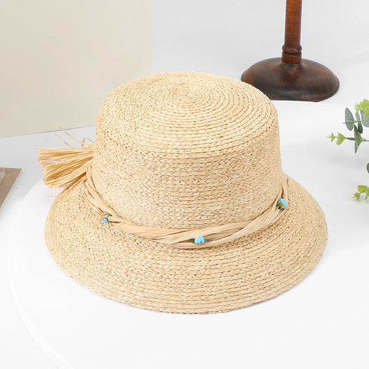 Sun Hat Straw Hat with String Beads and Bow