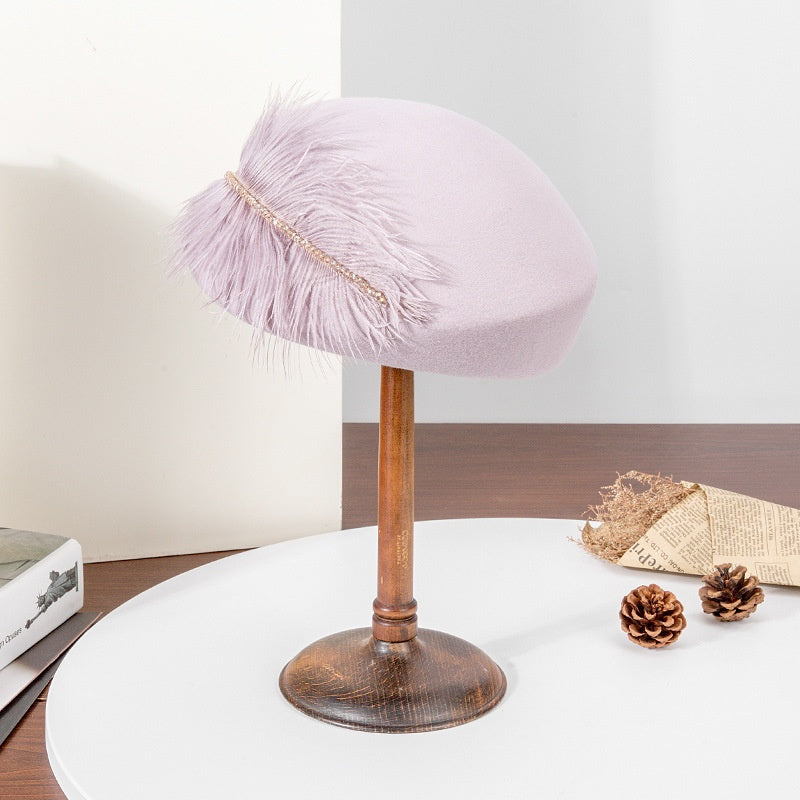 Felt Pillbox Hat with Crystal and Feather Decorations