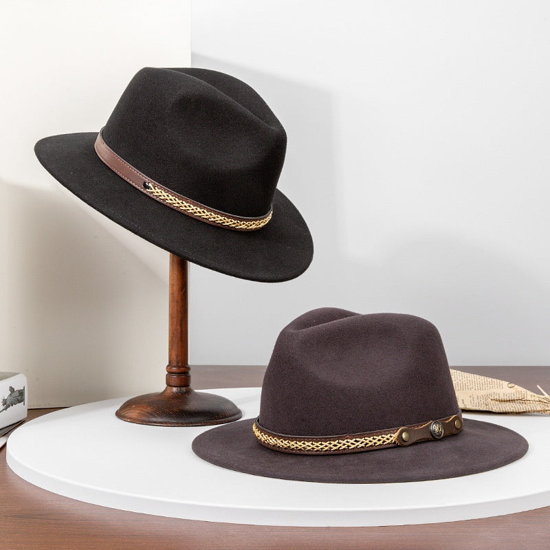 Felt Cowboy Hat with Interwoven Thread Spliced Copper Buckle Leather Strap