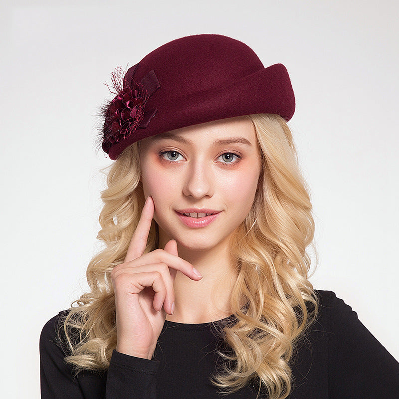 Felt Rolled Edge Beret with Flower Decoration