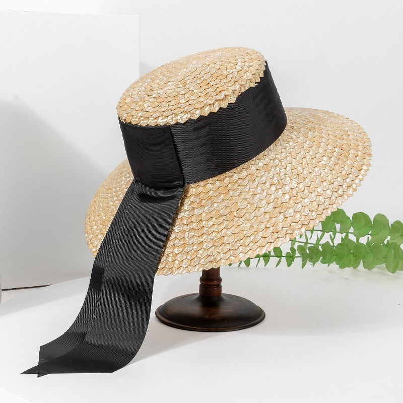 Straw Sun Hat with Black Long Webbing