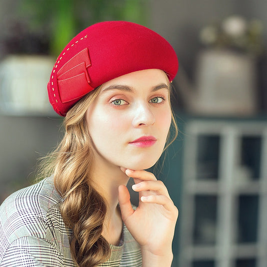 Felt Beret with Bow Webbing and Tubular Beads