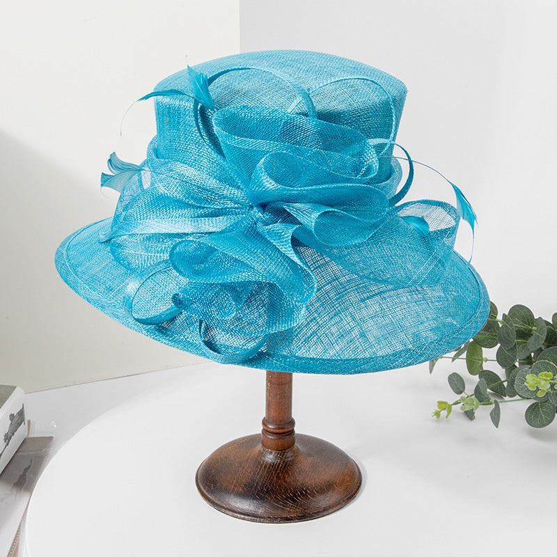 Water Blue Linen Yarn Top Hat with Floral Decoration