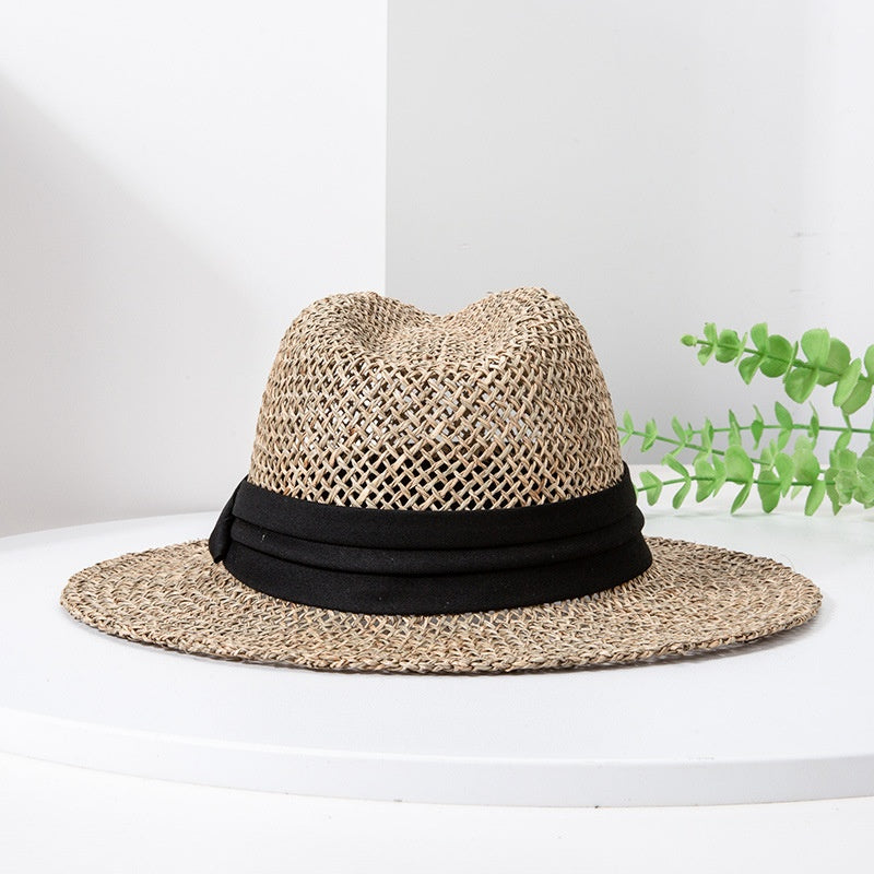 Straw Hollowed-out Hat Sun Hat with Black Decorative Band