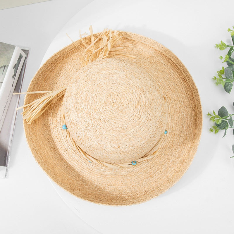 Rolled Edge Sun Hat Straw Hat with String Beads and Bow