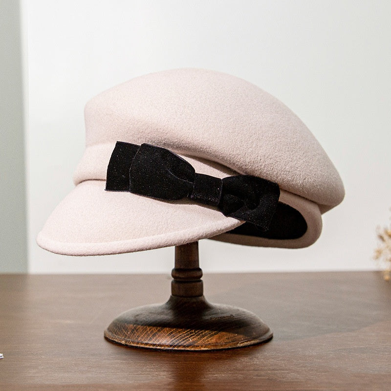 Felt Equestrian Newsboy Hat with Velvet Bow Decoration