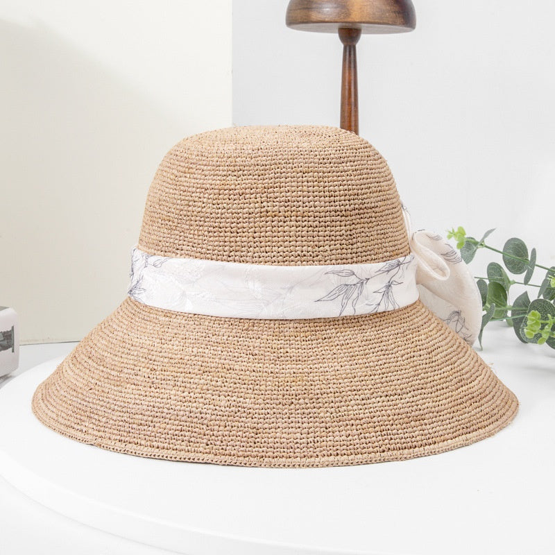 Sun Hat Straw Hat with Printed Bow