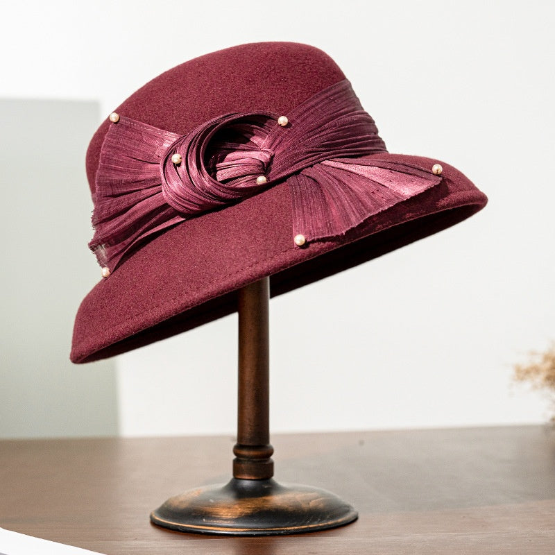 Felt Top Hat with Linen Bow and Pearl