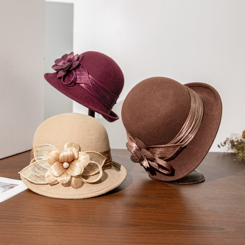 Felt Rolled Edge Top Hat with Camellia Decoration