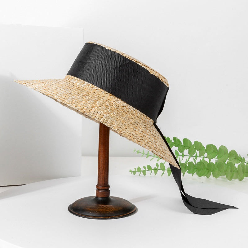 Straw Sun Hat with Black Long Webbing