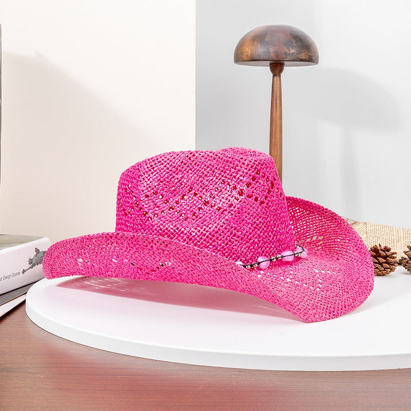 Straw Cowboy Hat Sun Hat with String of Beads