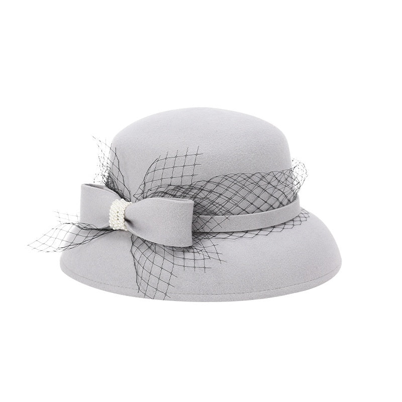 Felt Top Hat Rolled Edge with Net Gauze Pearl Bow