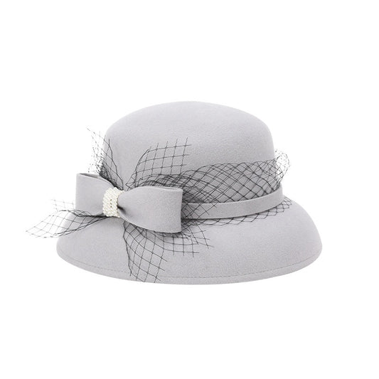 Felt Top Hat Rolled Edge with Net Gauze Pearl Bow