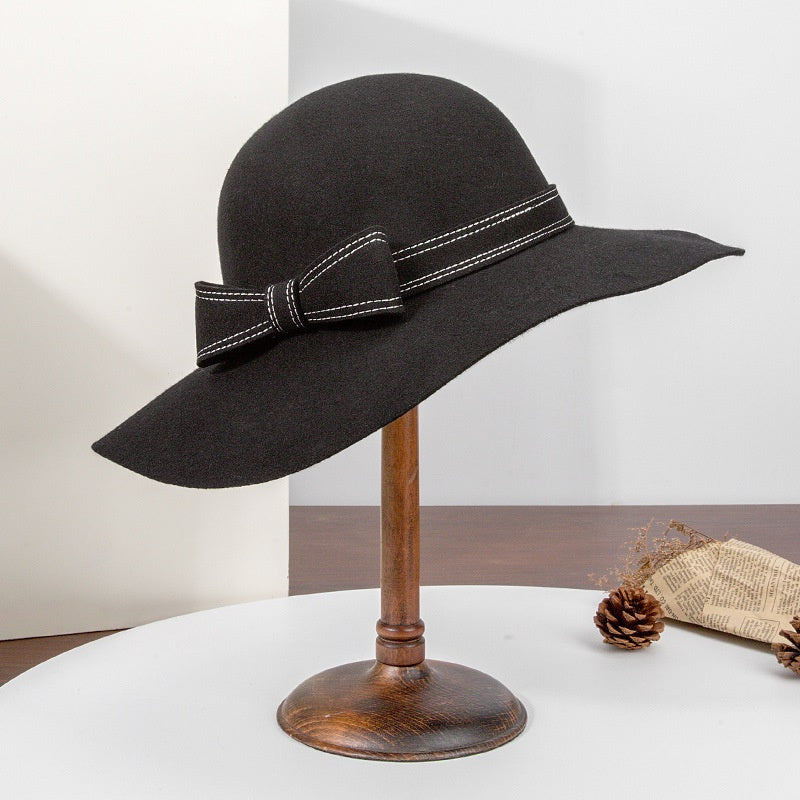 Felt Wide Brim Top Hat with Bow Webbing Decoration