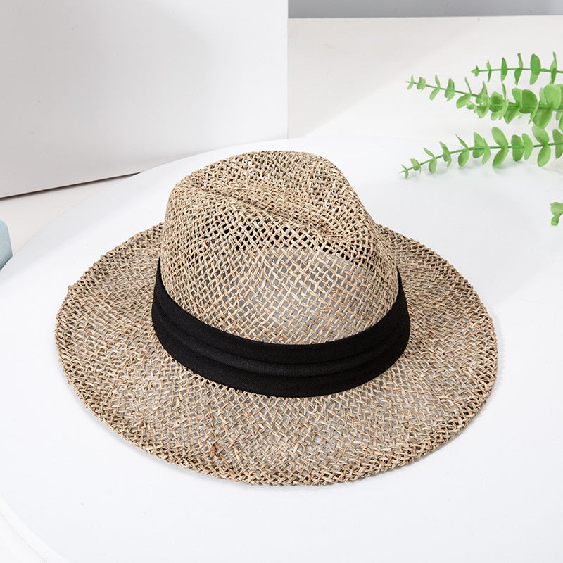 Straw Hollowed-out Hat Sun Hat with Black Decorative Band