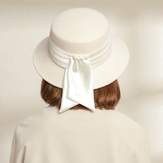 Felt Bucket Hat with Ribbons and Pearls