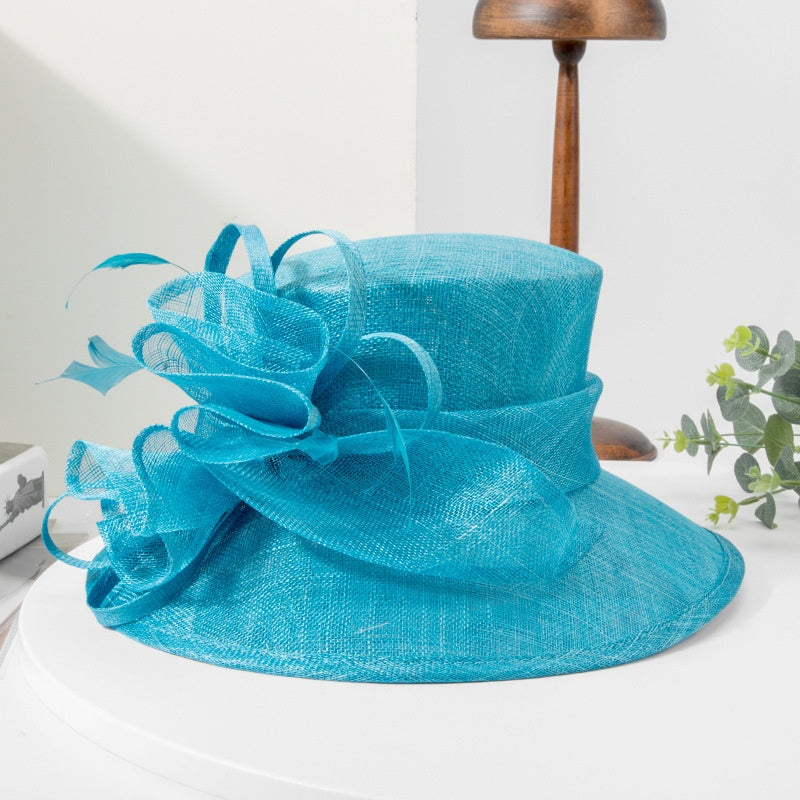 Water Blue Linen Yarn Top Hat with Floral Decoration
