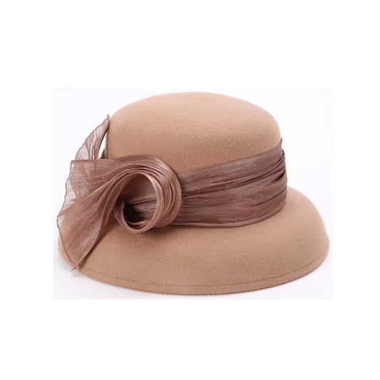 Felt Top Hat Rolled Edge with Flax Ribbon Decoration
