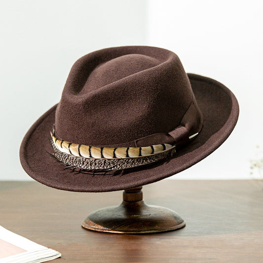 Wide Brim Rolled Edge Top Hat with Feather and Bow Decoration