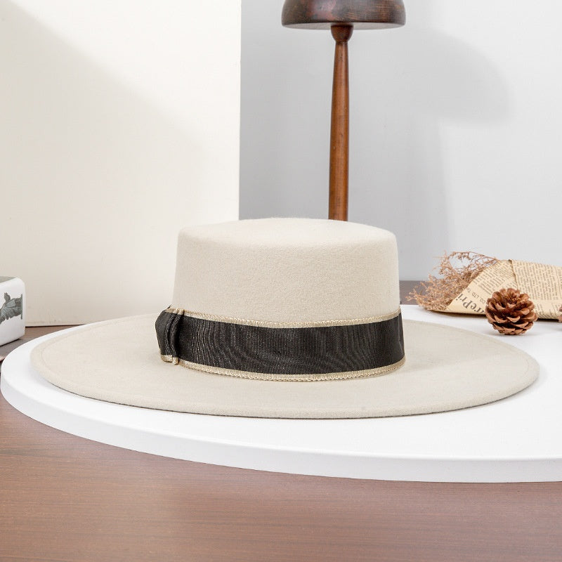 French Style Felt Wide Brim Top Hat With Bow Webbing