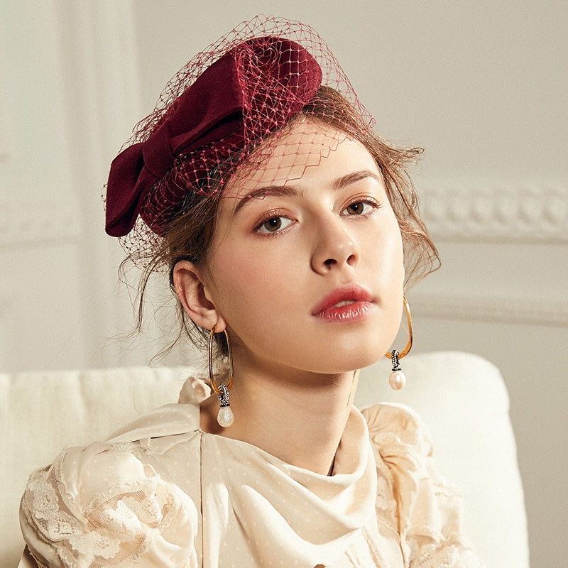 Felt Pillbox Hat with Bow and Veil
