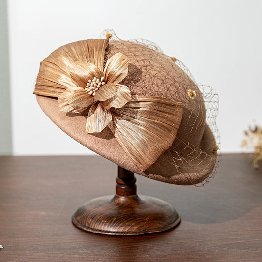 Felt Beret with Pearl Flower and Lace