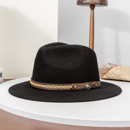 Felt Cowboy Hat with Interwoven Thread Spliced Copper Buckle Leather Strap