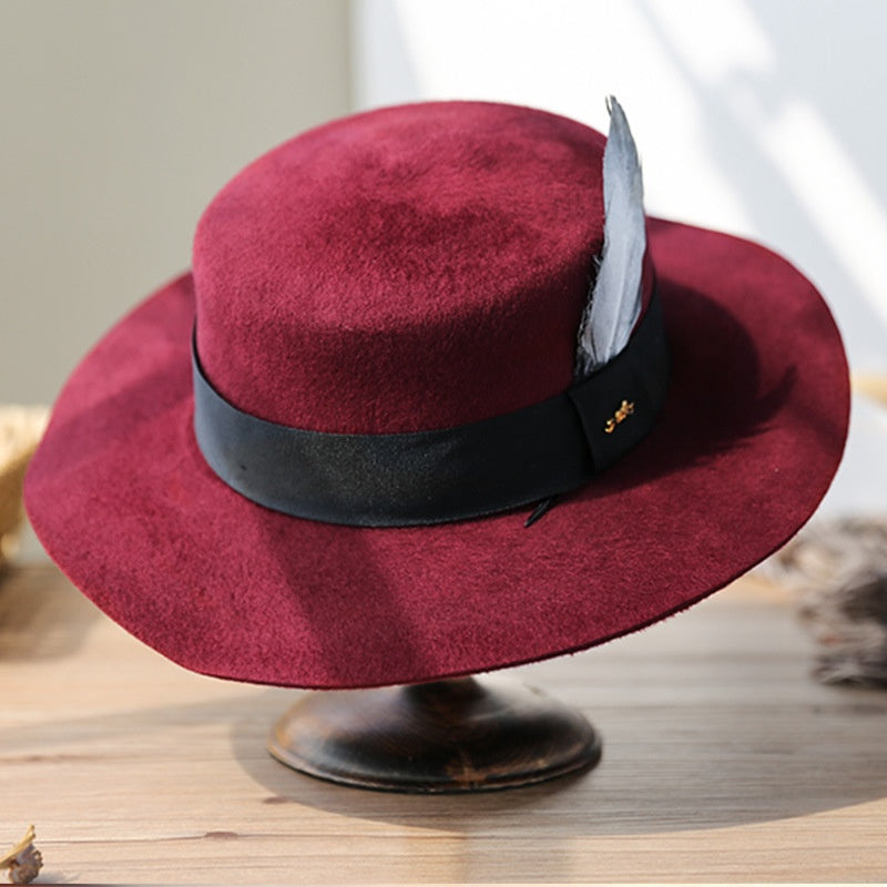 Felt Flat Roof Wide Brim Top Hat with Bow Webbing and Feather