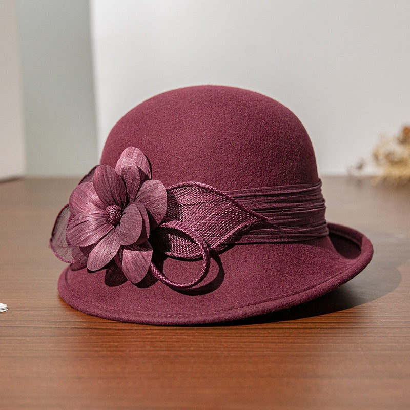 Felt Rolled Edge Top Hat with Camellia Decoration