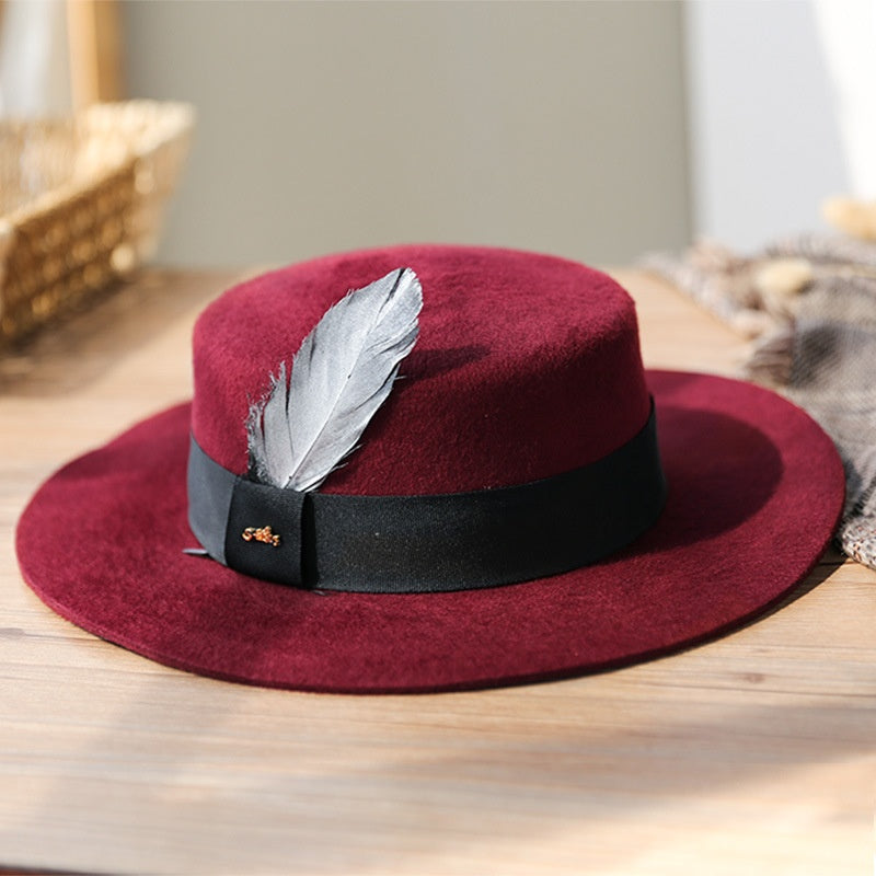 Felt Flat Roof Wide Brim Top Hat with Bow Webbing and Feather