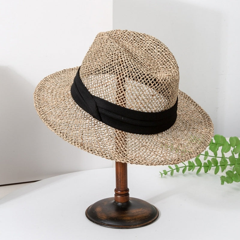 Straw Hollowed-out Hat Sun Hat with Black Decorative Band